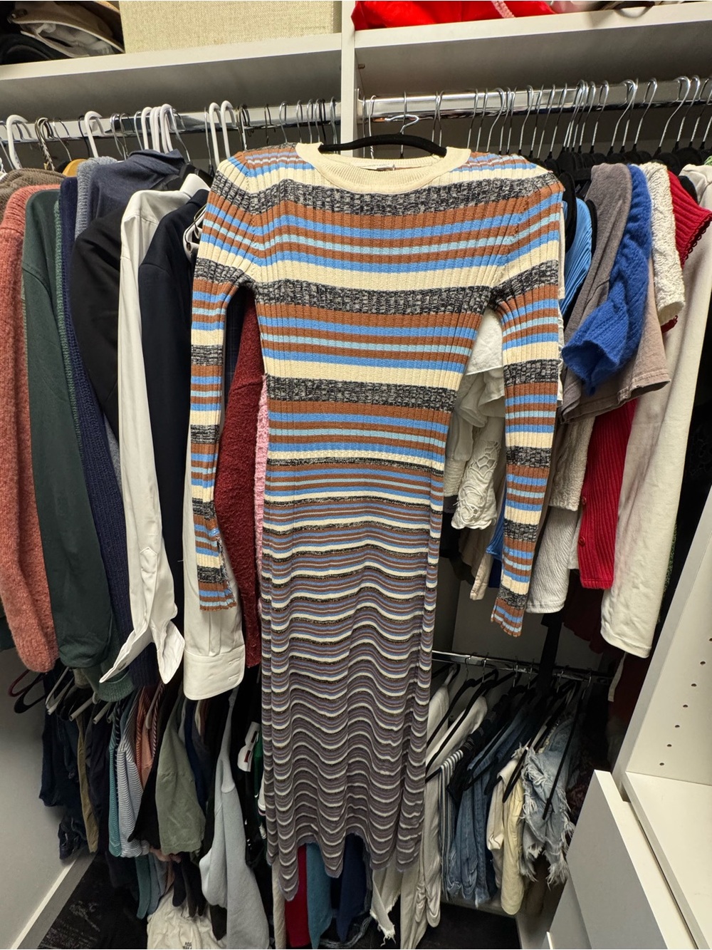 Treasure & Bond Striped Ribbed Maxi Dress in Blue, Cream & Brown